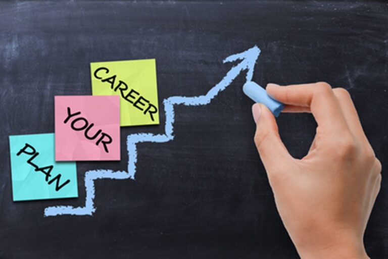 Career planning concept with colored post-it index on ladder chalk drawn on blackboard